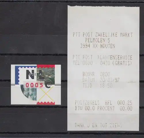 Niederlande ATM Mi.-Nr. 2.2 Typ NAGLER Kleinwert 0005 ** mit Ersttags-Quittung