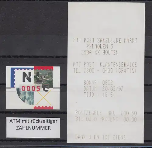 Niederlande ATM Mi.-Nr. 2.2 Typ NAGLER Kleinwert 0005 ** ZN + Ersttags-Quittung