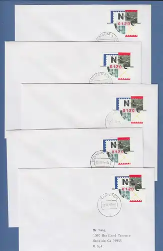 Niederlande ATM Mi.-Nr. 2.2 Typ NAGLER Wert 0120 auf Inlands-FDC, alle 5 Orte !