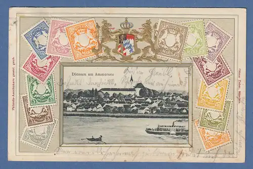 Philatelie-AK Diessen am Ammersee Ansicht im Briefmarken-Rahmen, gel. 1907