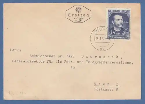 Österreich 1952 Sondermarke Musiker Josef Schrammel  Mi.-Nr. 970 auf FDC