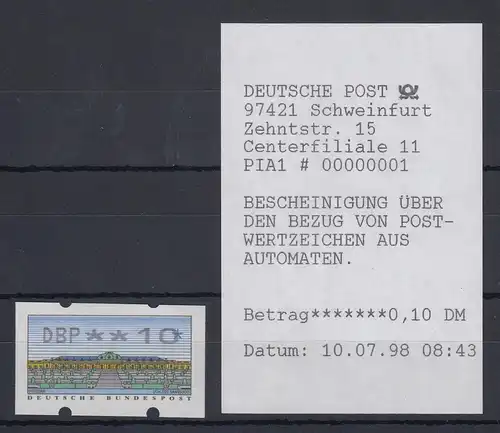 ATM Sanssouci Mettler-Toledo Mi-Nr. 2.2.2 Wert 10Pfg ** mit AQ 97421 Schweinfurt