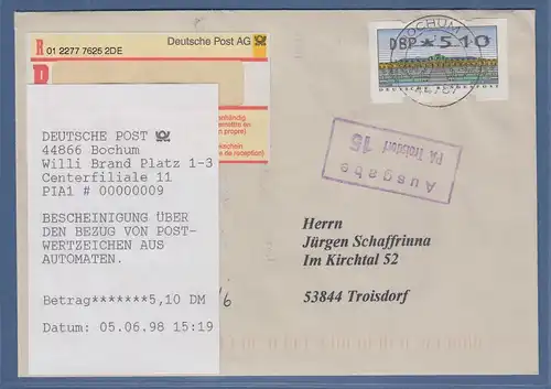 ATM Sanssouci Mettler-Toledo Mi-Nr. 2.2.2 Wert 510 mit AQ auf R-Brief, Bochum 11