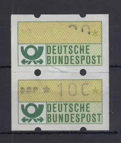 ATM Mi.-Nr. 1.1 angeschnittennes Teildruck-Paar, seltene Farbe grünlicholiv. 