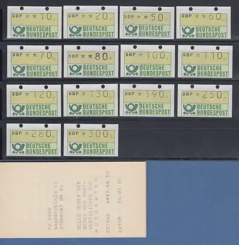 ATM Mi.-Nr. 1.1 Tastensatz TS2 10-300 Pfg 14 Werte OGL, mit AQ Saarbrücken 1988