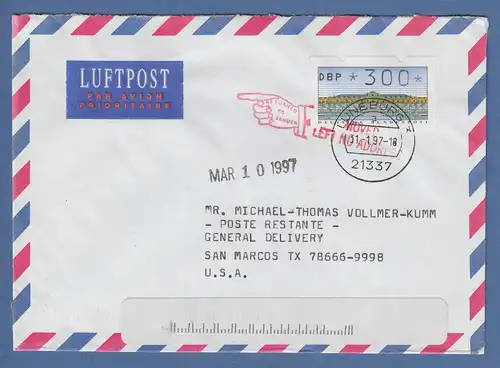 ATM Mi.-Nr. 2.1.1 Wert 300 auf Brief in die USA O LÜNEBURG 1997, unbek. verzogen