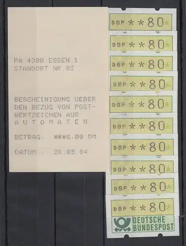 ATM Mi-Nr. 1.1  Wert 80  10x Mehrfachteste mit zugehöriger AQ Messe Essen 1984