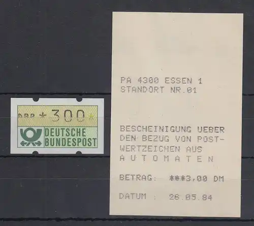 ATM Mi-Nr. 1.1  Wert 300 leichter Teildruck mit zugehöriger AQ Messe Essen 1984