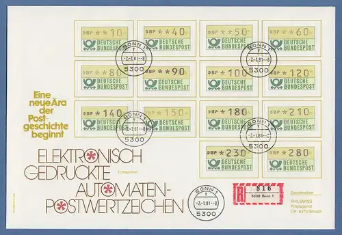 ATM Mi-Nr. 1.1. VS1  großformatiger FDC mit allen 14 Werten, Tages-O BONN 2.1.81