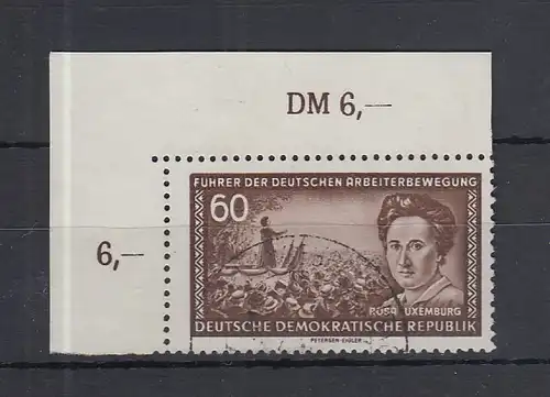 DDR 1955 Rosa Luxemburg 60Pfg. Mi.-Nr. 478 X II Eckrandstück o.l. gestempelt