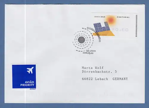 Portugal 2006 ATM Solar-Energie Amiel Mi.-Nr. 54.2 Z1 Wert 0,60 auf FDC nach D