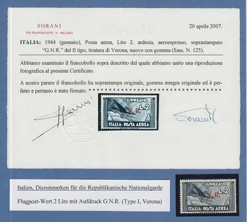 Italien Militärpost Nationalgarde G.N.R. Flugpostmarke Mi-Nr. 43 I ** mit ATTEST