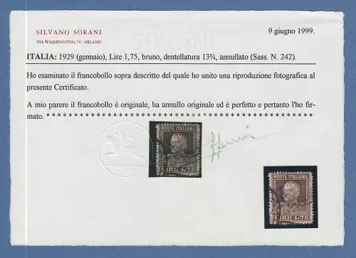 Italien 1929 V. Emanuel 1,75 Lire seltene ZÄHNUNG 13 1/2 Mi.-Nr. 264 B  O ATTEST