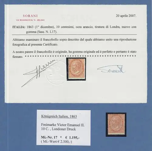 Italien 1863 Victor Emanuel II. 10 C. Londoner Druck Mi.-Nr. 17 *, Attest Sorani