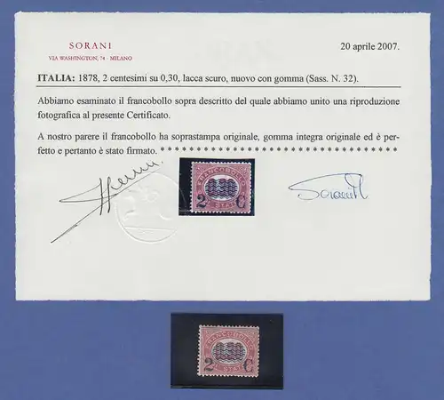 Italien 1878 Mi.-Nr. 32 POSTFRISCH ** geprüft mit Attest Sorani, einwandfrei !