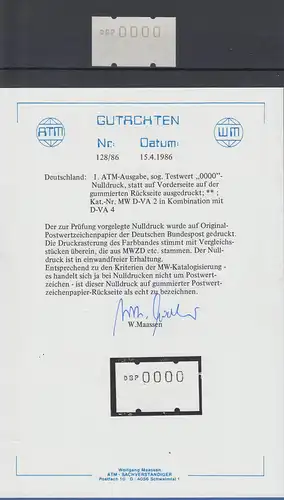 ATM Mi.-Nr. 1.1 Nullderuck DBP0000 auf der Gummiseite **, Attest Maassen 1986