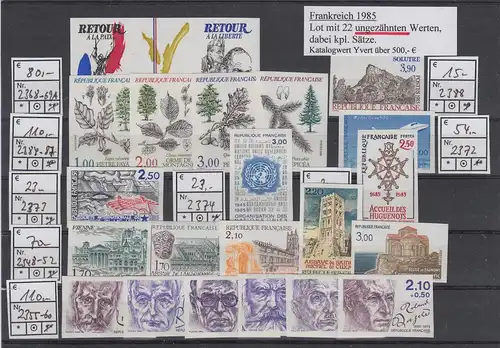 Frankreich 1985 Lot mit 22 UNGEZÄHNTEN Werten, dabei kpl. Sätze. 