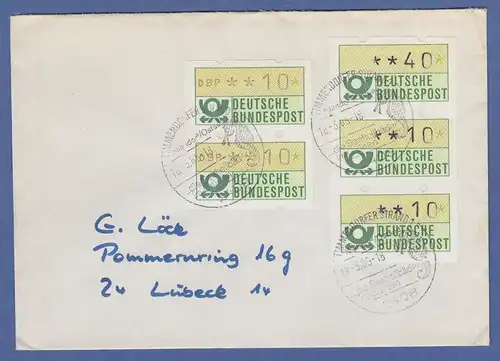Deutschland ATM Mi.-Nr. 1.1hu Paar und 3er-Streifen auf Inlands-Brief, 1985