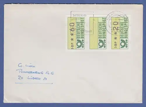 Deutschland ATM Mi.-Nr. 1 Dreierstreifen 60 - leer - 20 auf Brief, O HAMBURG 