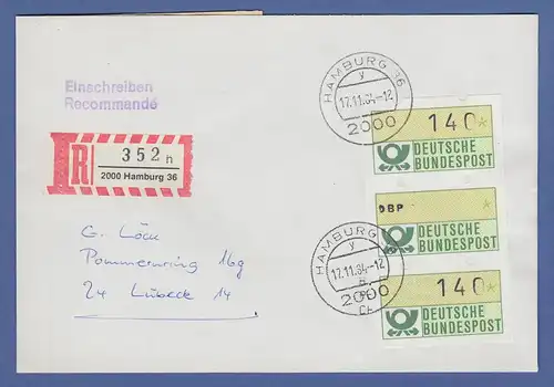 ATM Mi.-Nr. 1 Dreierstreifen 140 - DBP - 140 auf R-Brief, O HAMBURG 36  1984