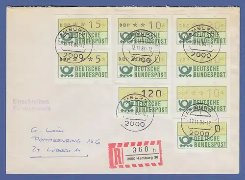 ATM Mi.-Nr. 1 Dreierstreifen, Paar und Teildrucke auf R-Brief, O HAMBURG 36 1984