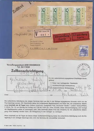 ATM Mi-Nr 1 Vierer-Streifen 10-210-210-210 auf Wert-Eilbrief n. Österreich 1981