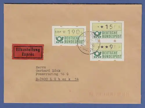 ATM Mi-Nr 1 Einzelwert 190 und Paar 150-90 auf Eilbrief aus OFFENBURG, 1.7.1982