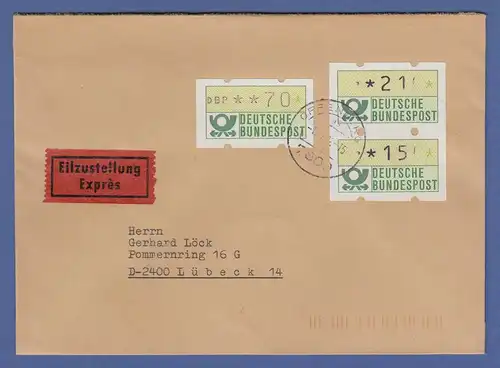 ATM Mi-Nr 1 Einzelwert 70 und Paar 210-150 auf Eilbrief aus OFFENBURG, 1.7.1982