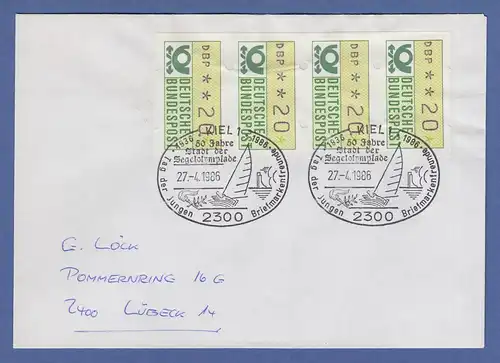 ATM Mi.-Nr. 1 Wert 20 im 4er-Streifen auf Brief mit So.-O KIEL 27.4.1986 