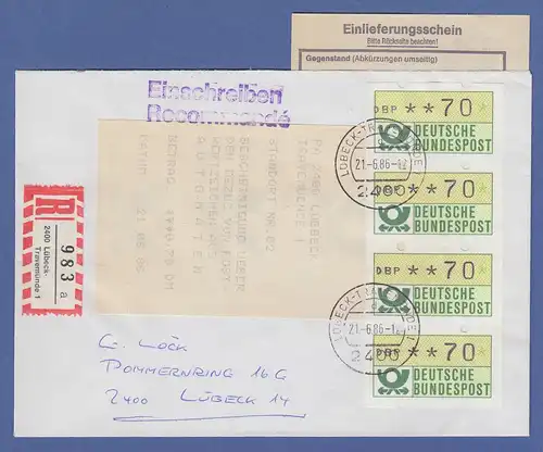 ATM Mi.-Nr. 1  4er-Streifen 70-70-70-70 auf Sammler-R-Brief, Lübeck-Travemünde 