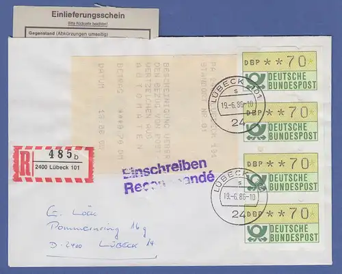 ATM Mi.-Nr. 1  4er-Streifen 70-70-70-70 auf Sammler-R-Brief, Lübeck 101 