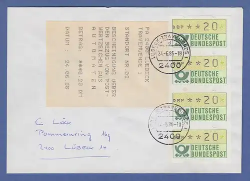 ATM Mi.-Nr. 1  4er-Streifen 20-20-20-20 auf Sammler-Brief, Lübeck-Travemünde 