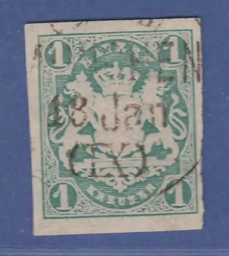 Bayern Wappen 1 Kreuzer grün Mi-Nr. 14c mit Einkreis-O Bahnhof MÜNCHEN gpr. 
