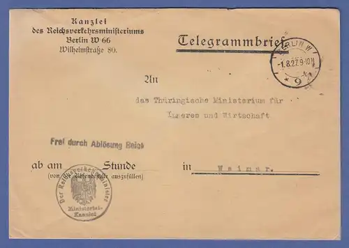 Telegrammbrief Reichsverkehrsministerium Berlin 1927 gelaufen nach Weimar