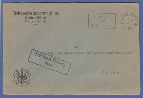 Dienstbrief Reichsarbeitsverwaltung Berlin 1927 gelaufen nach Weimar