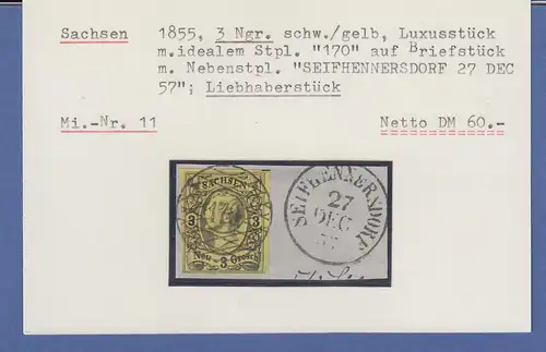 Sachsen 1855 3Ngr. Mi.-Nr. 11 mit Nummern-Stempel 170 SEIFHENNERSDORF Briefstück