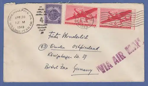 USA 1949 Luftpostbrief  gel. von Philadelphia nach Frankfurt