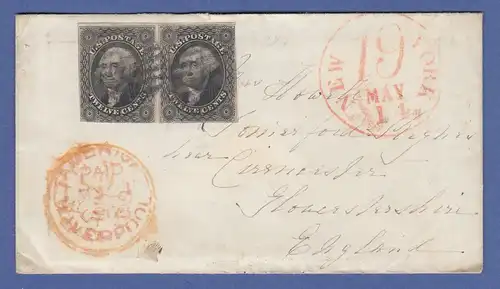 USA 1856 Brief von New York nach England mit waag. Paar 12 Cent Washington # 7