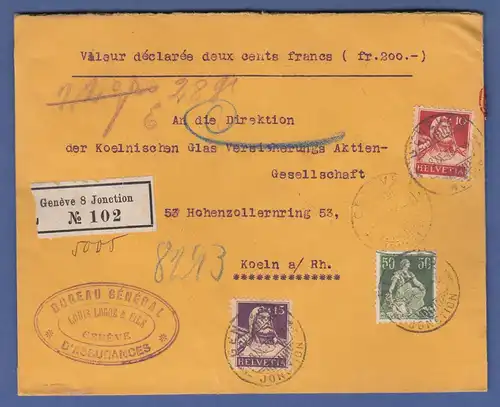 Schweiz Sept. 1916 Wertbrief aus Genf gel. nach Köln, versiegelt, zensiert. 