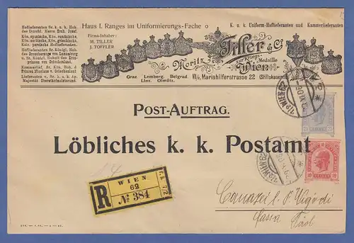 Österreich dekorativer R-GA-Umschlag des K.u.k. Uniform-Hoflieferanten 1906 
