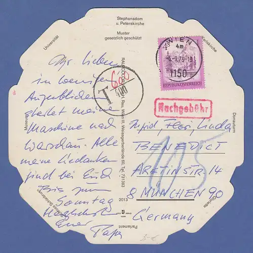 Österreich 1975 Freimarke 4 ÖS auf übergr.  Postkarte aus Wien, nachtaxiert 