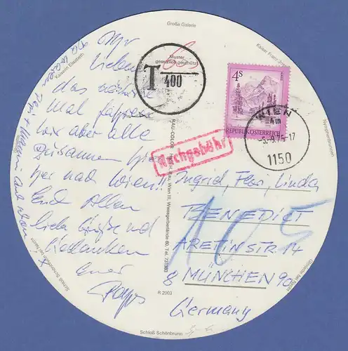 Österreich 1975 Freimarke 4 S auf übergr. runder Postkarte aus Wien nachtaxiert 