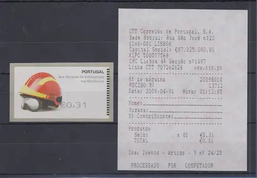 Portugal 2008 ATM Feuerwehr-Helm SMD Mi.-Nr. 62.1e Wert 31 ** mit AQ