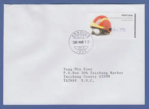 Portugal 2008 ATM Feuerwehr-Helm Amiel Mi-Nr 62.2f Wert 0,75 auf FDC nach Taiwan