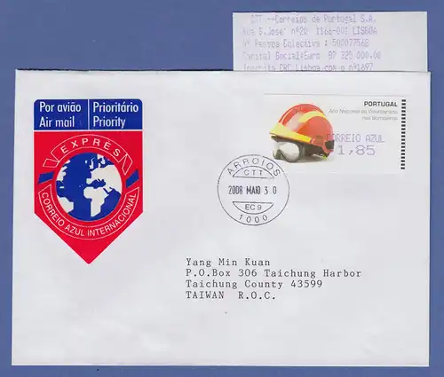 Portugal 2008 ATM Feuerwehr-Helm Amiel Mi-Nr 62.2f  AZUL1,85 auf FDC nach Taiwan