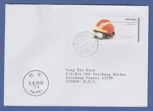 Portugal 2008 ATM Feuerwehr-Helm NewVision Mi-Nr 62.3e Wert 70 auf FDC n. Taiwan