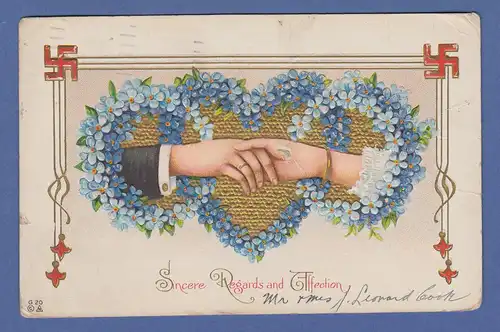 USA Postkarte "Sincere Regards and Affection" gel. 1914, u.a Hakenkreuze 