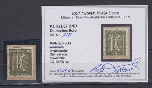 Dt. Reich Inflation, Mi.-Nr. 178 echt gestempelt geprüft Kurzbefund Tworek BPP