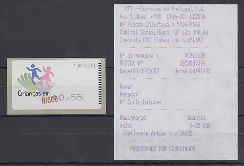 Portugal 2007 ATM Kinder in Gefahr Amiel Mi-Nr 58.2 Wert 0,55 ** mit ET-AQ