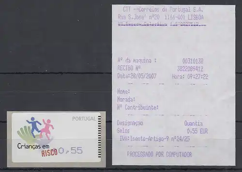 Portugal 2007 ATM Kinder in Gefahr Amiel Mi-Nr 58.2 Wert 55 m. verdruckter ET-AQ